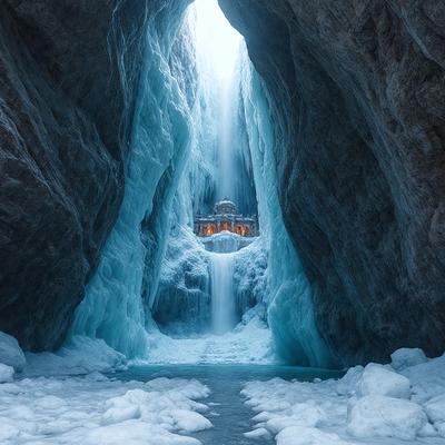 The primary subject of the image is a large ice cave with a waterfall flowing through it. The setting is a snowy mountain, and the visual style is a photo. The dominant colors are blue and white, creating a cold and icy atmosphere.